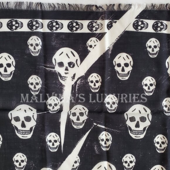 ALEXANDER MCQUEEN SCARF SLASHED SKULL PRINT BLACK WOOL FRINGE UNISEX - Picture 13 of 16